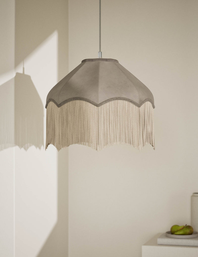 Fringed velvet lamp shade with braided tassel trim, imported from the UK