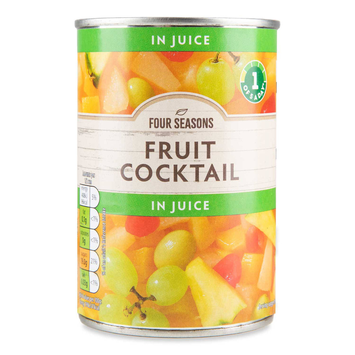 Fruit cocktail in juice with peaches, pears, and grapes, UK version