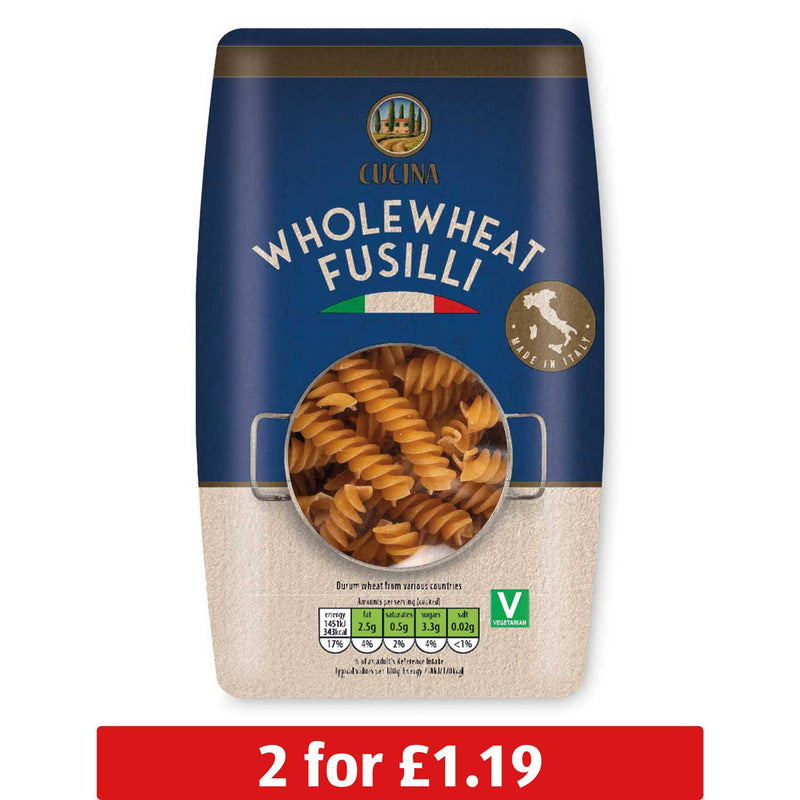 Fusilli wholewheat pasta made from durum wheat semolina, UK version