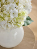 White artificial hydrangea arrangement in swirl glass vase - British product