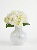White artificial hydrangea arrangement in swirl glass vase - British product