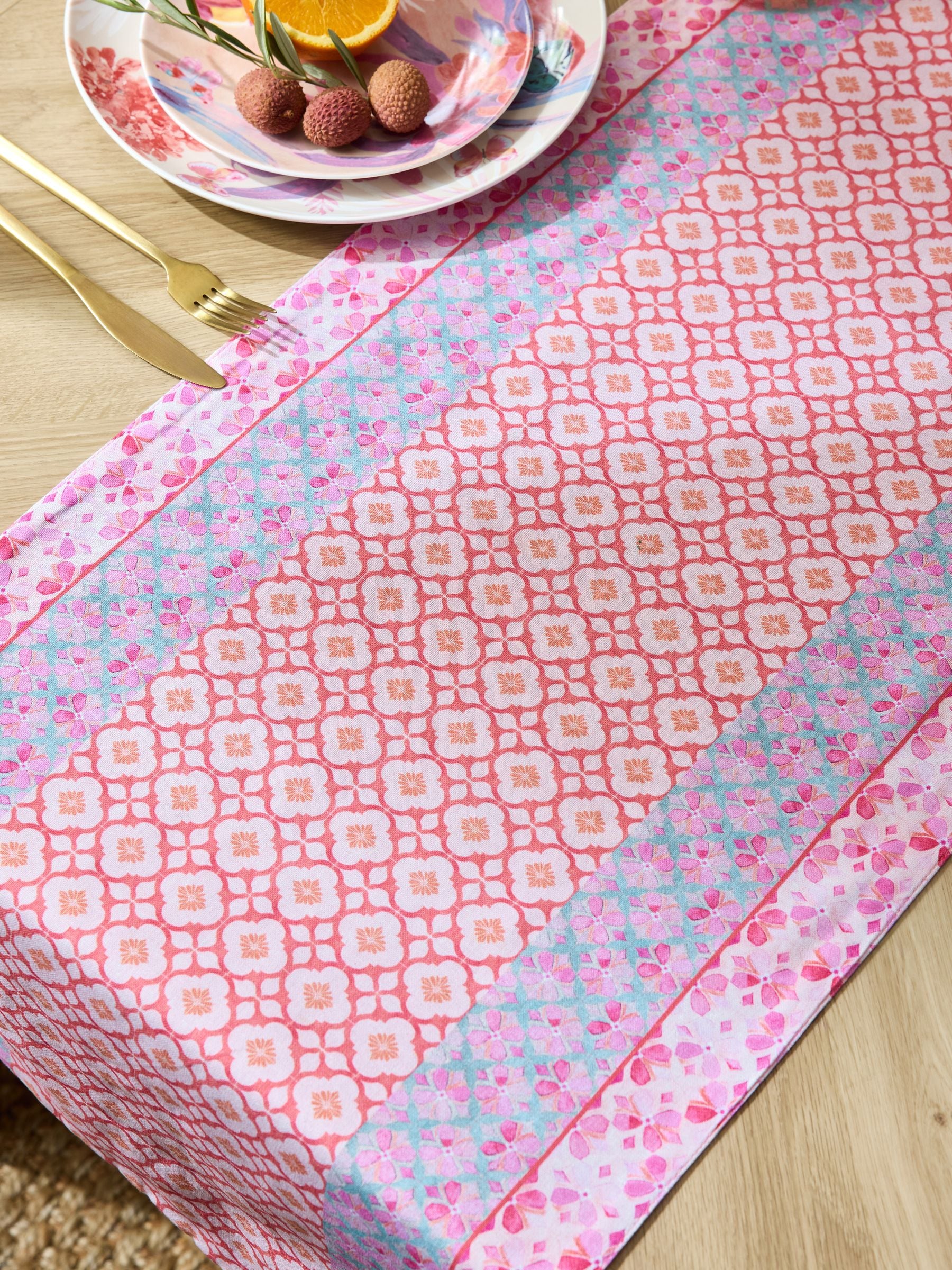 Pink floral table runner hand-painted cotton tassel trim, UK version