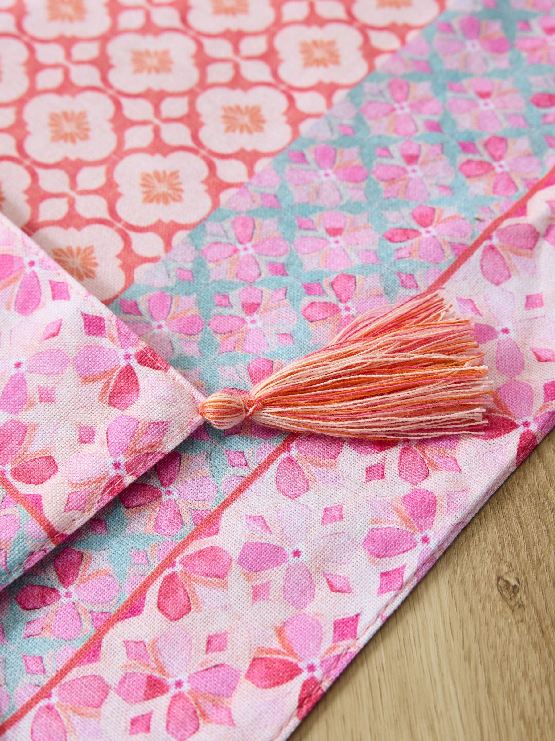 Pink floral table runner hand-painted cotton tassel trim, UK version