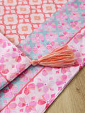 Pink floral table runner hand-painted cotton tassel trim, UK version