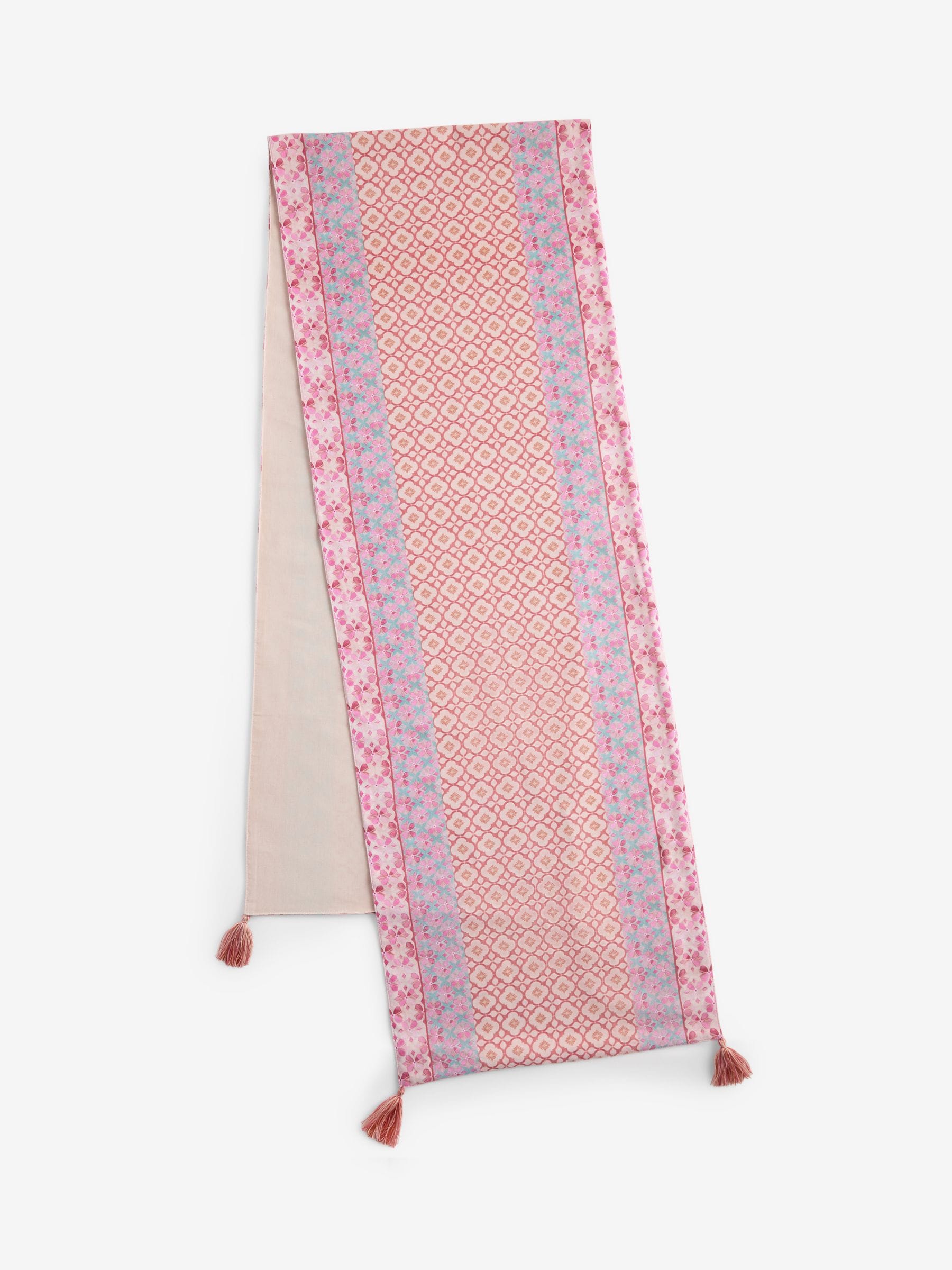 Pink floral table runner hand-painted cotton tassel trim, UK version