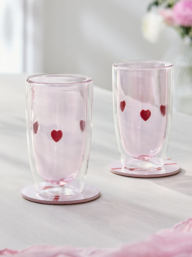 Double walled tumbler glasses with pink hearts, set of 2, imported from the UK
