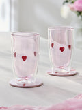 Double walled tumbler glasses with pink hearts, set of 2, imported from the UK