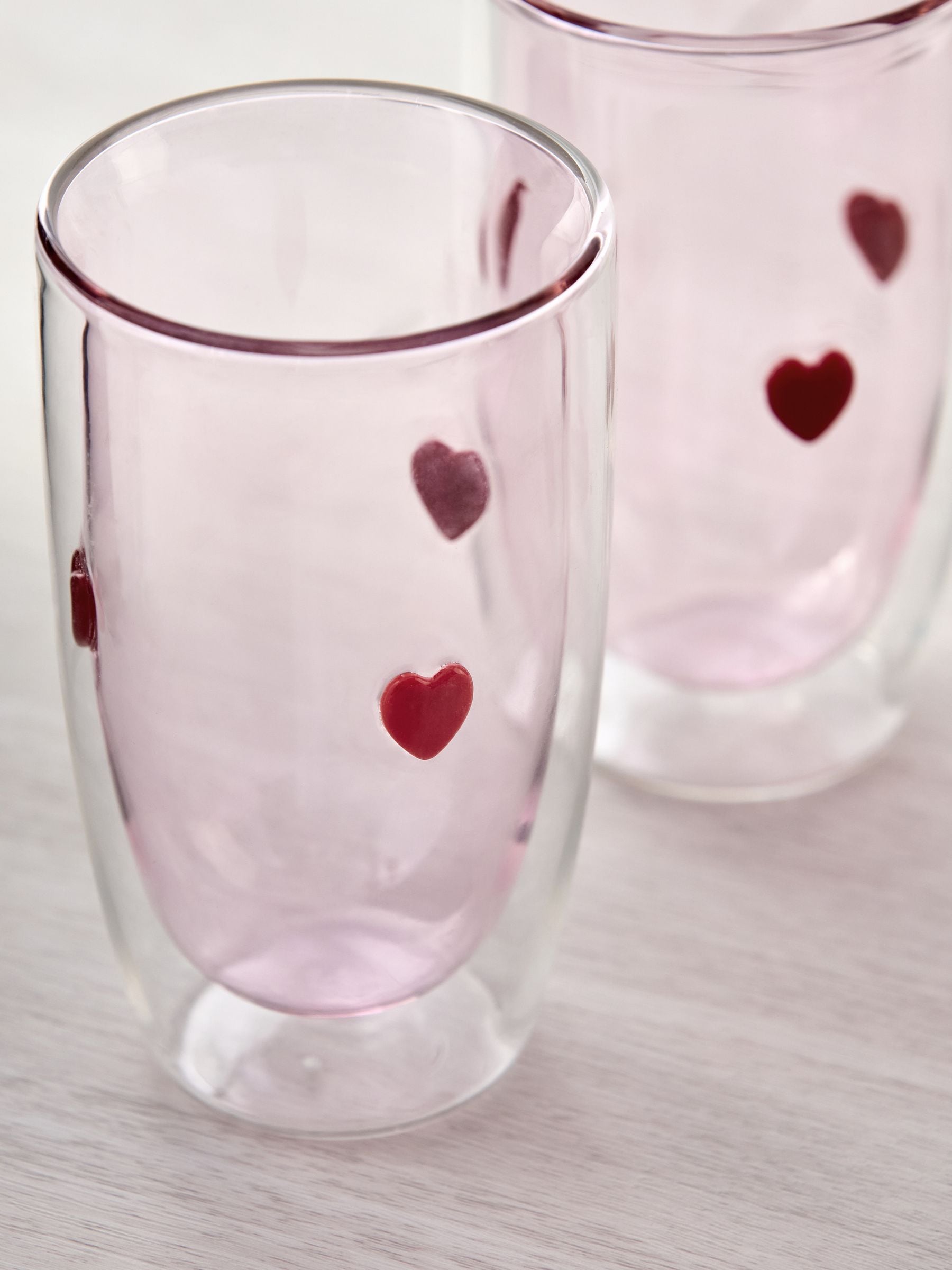 Double walled tumbler glasses with pink hearts, set of 2, imported from the UK