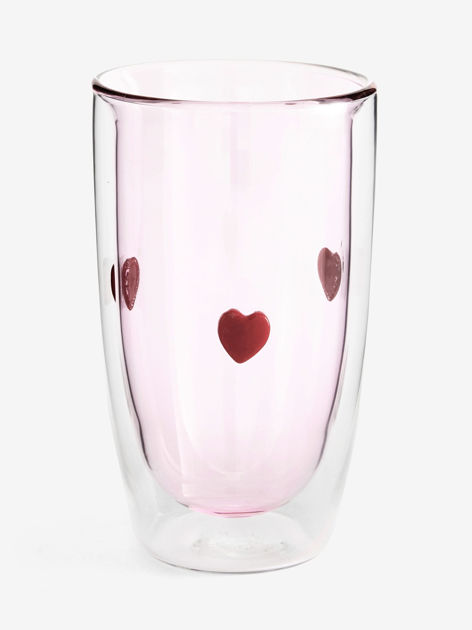 Double walled tumbler glasses with pink hearts, set of 2, imported from the UK