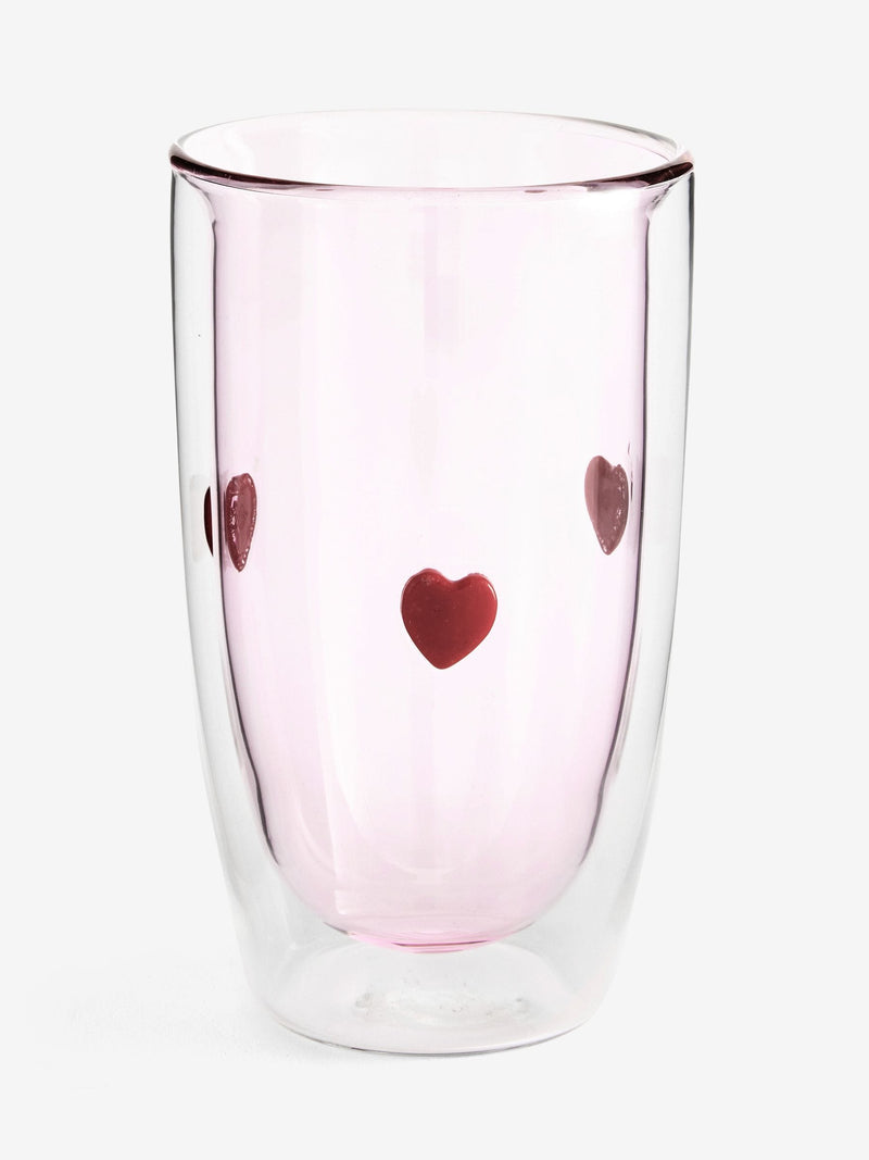 Double walled tumbler glasses with pink hearts, set of 2, imported from the UK