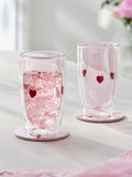 Double walled tumbler glasses with pink hearts, set of 2, imported from the UK