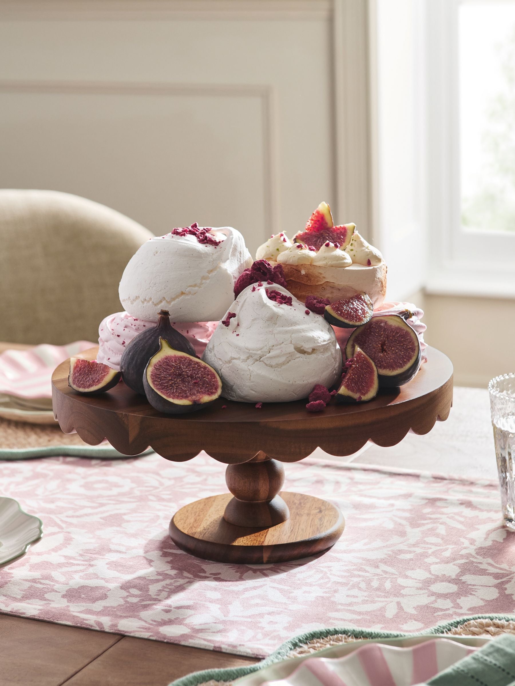 Natural wood scalloped edge cake stand, Acacia wood, imported from the UK