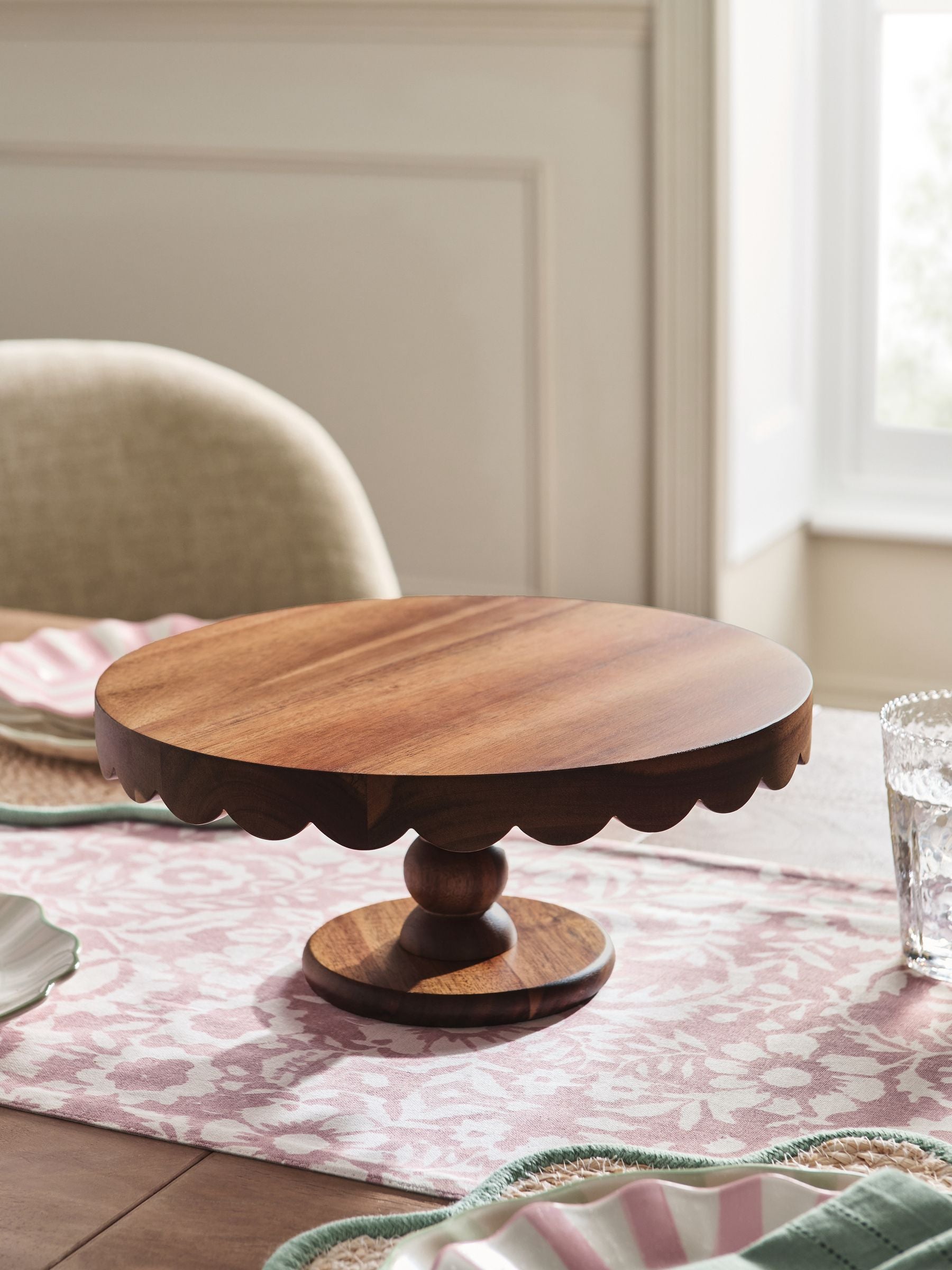 Natural wood scalloped edge cake stand, Acacia wood, imported from the UK