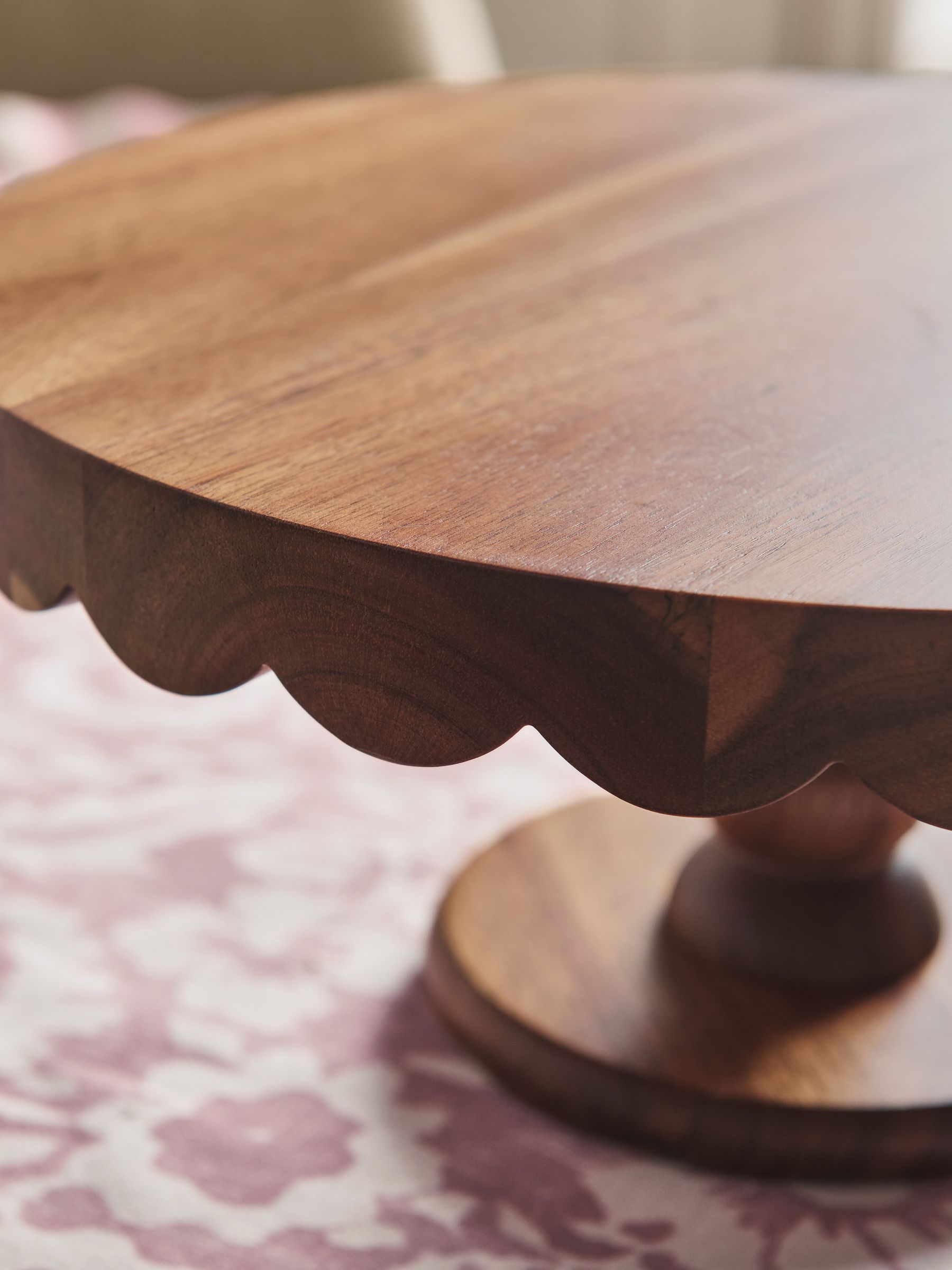 Natural wood scalloped edge cake stand, Acacia wood, imported from the UK