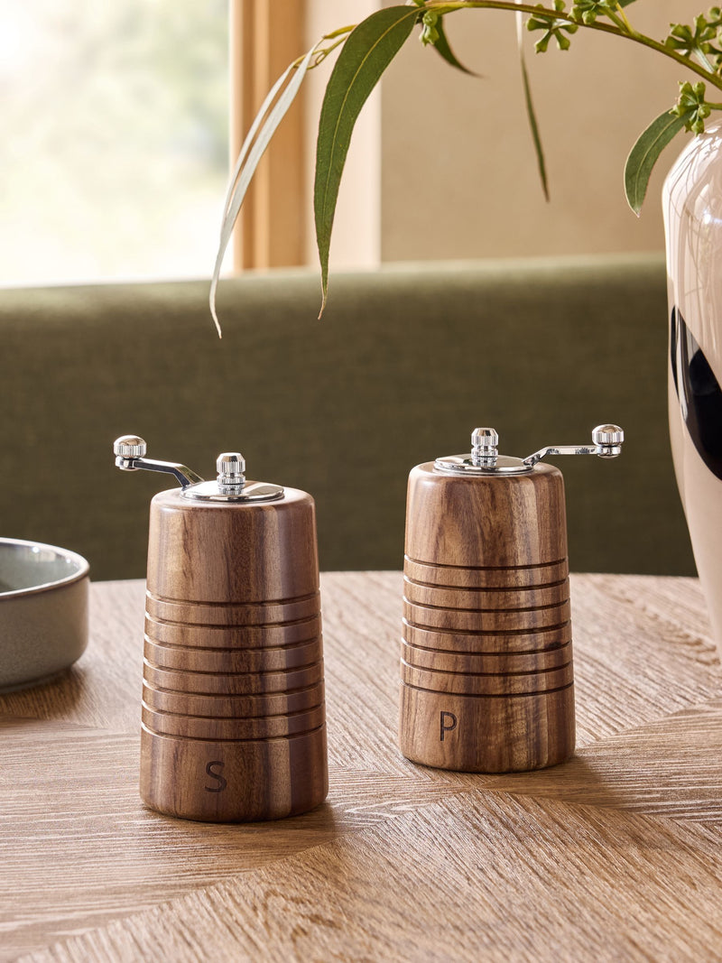 Two etched wood salt and pepper grinders 7.5cm (British brand)