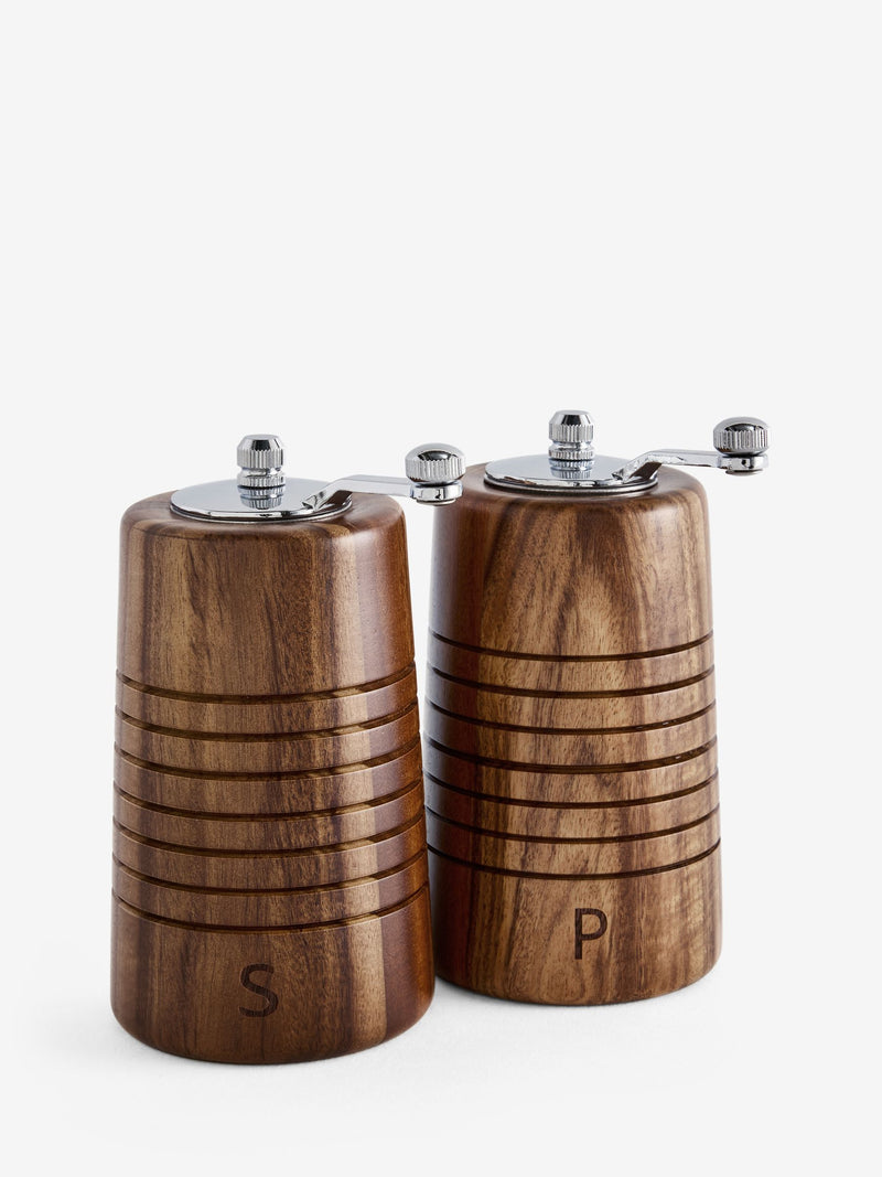 Two etched wood salt and pepper grinders 7.5cm (British brand)