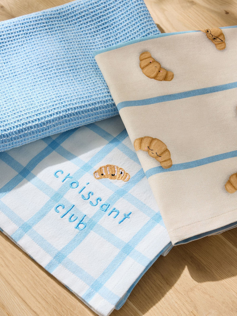 Claude Croissant Club white blue tea towel set, UK version