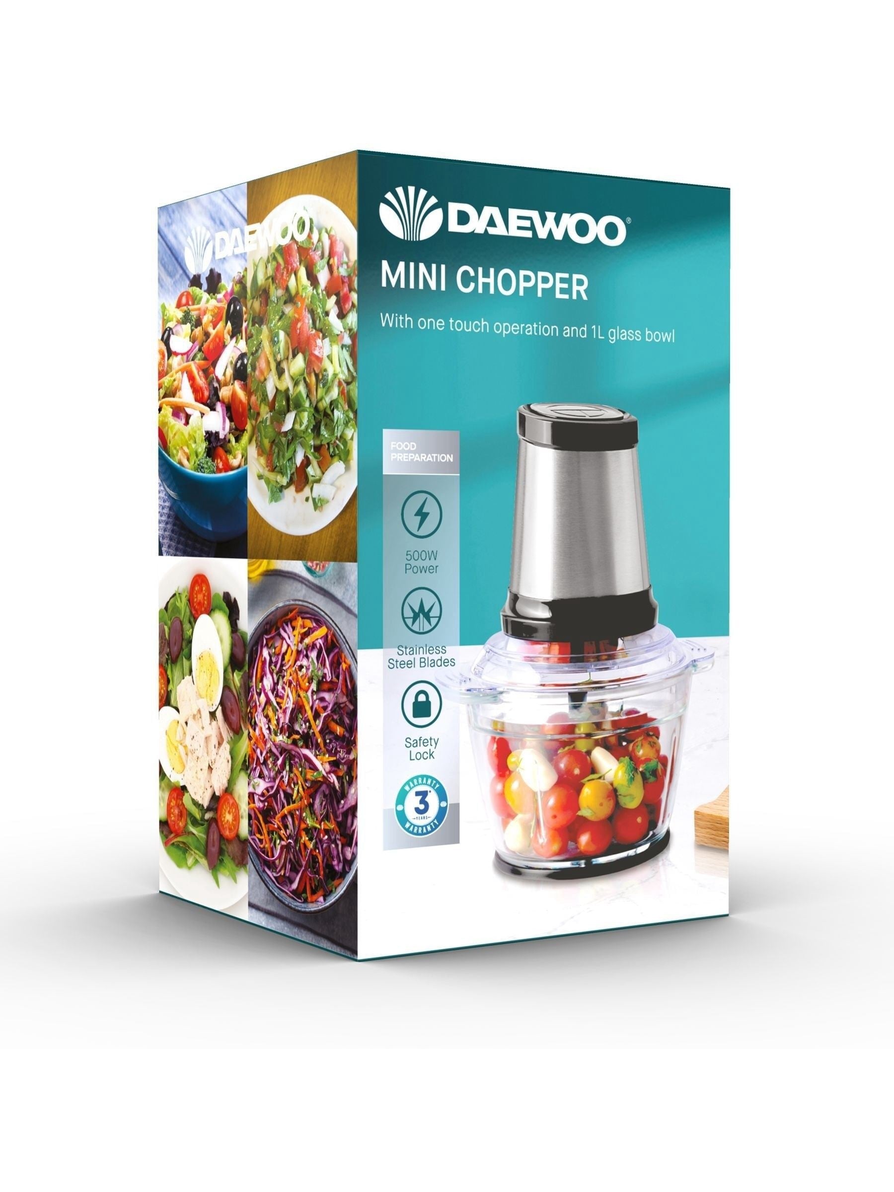 Daewoo white mini chopper 500W 1L glass bowl, UK version