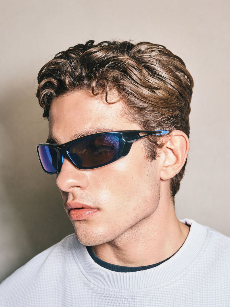 Black blue mirror sport wrap polarised sunglasses (British brand)