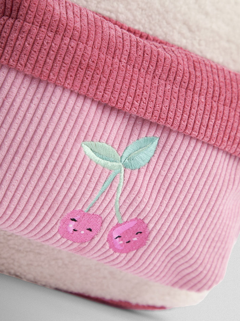 JoJo Maman Bébé pink borg backpack with cherry appliqué (British brand)