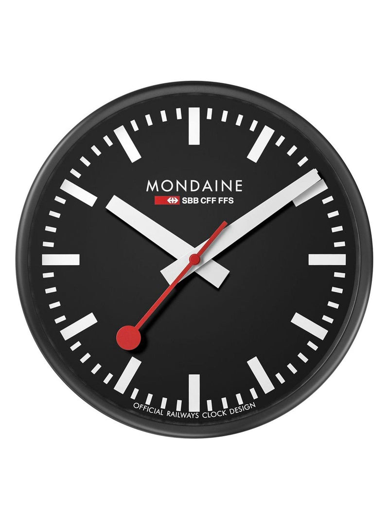 Mondaine black wall clock 25cm, imported from the UK