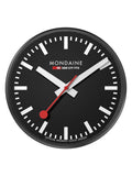 Mondaine black wall clock 25cm, imported from the UK