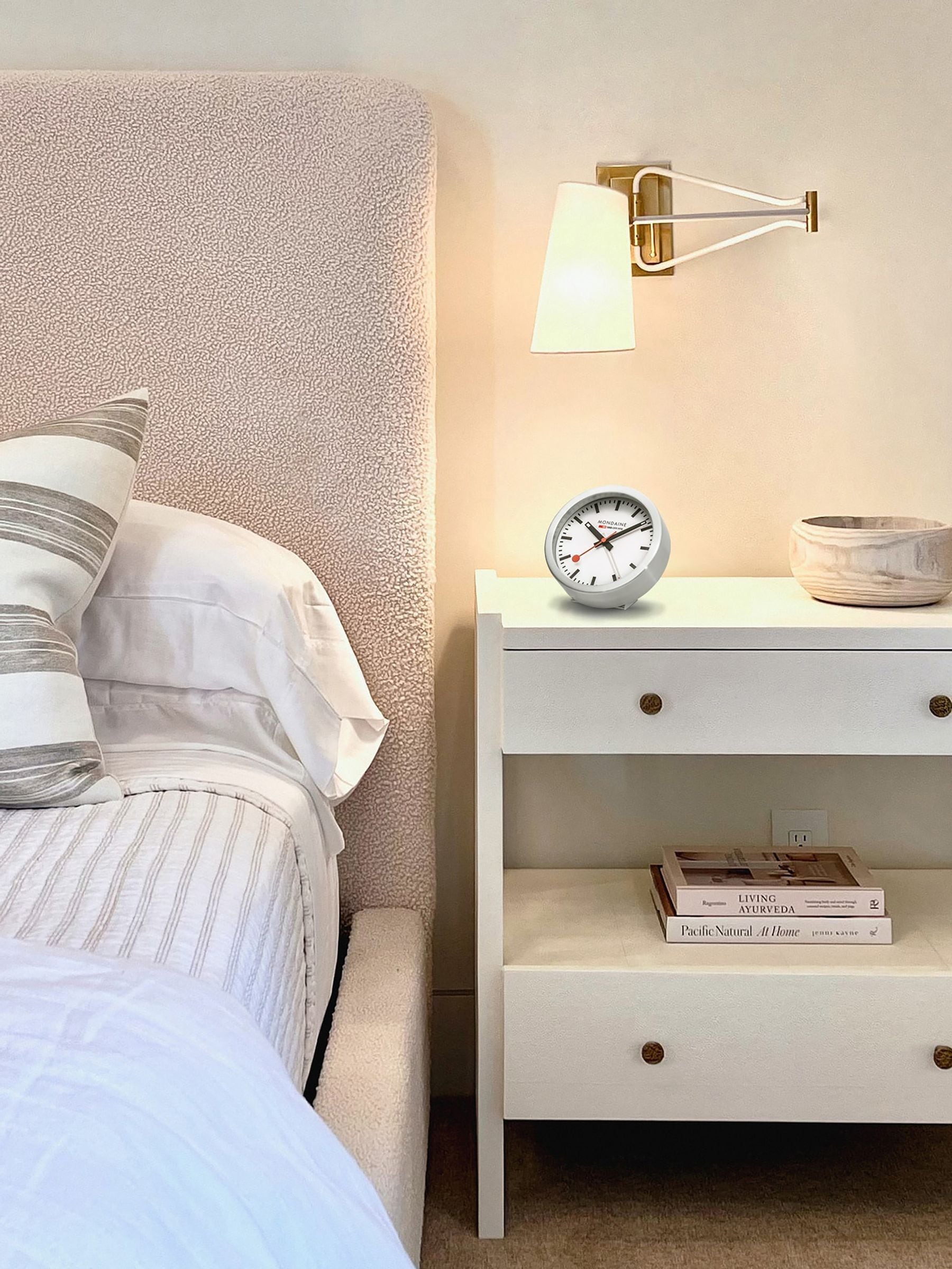 Mondaine white alarm clock 125mm - British product