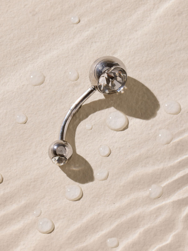 Silver tone belly bar with sparkle stainless steel, UK version