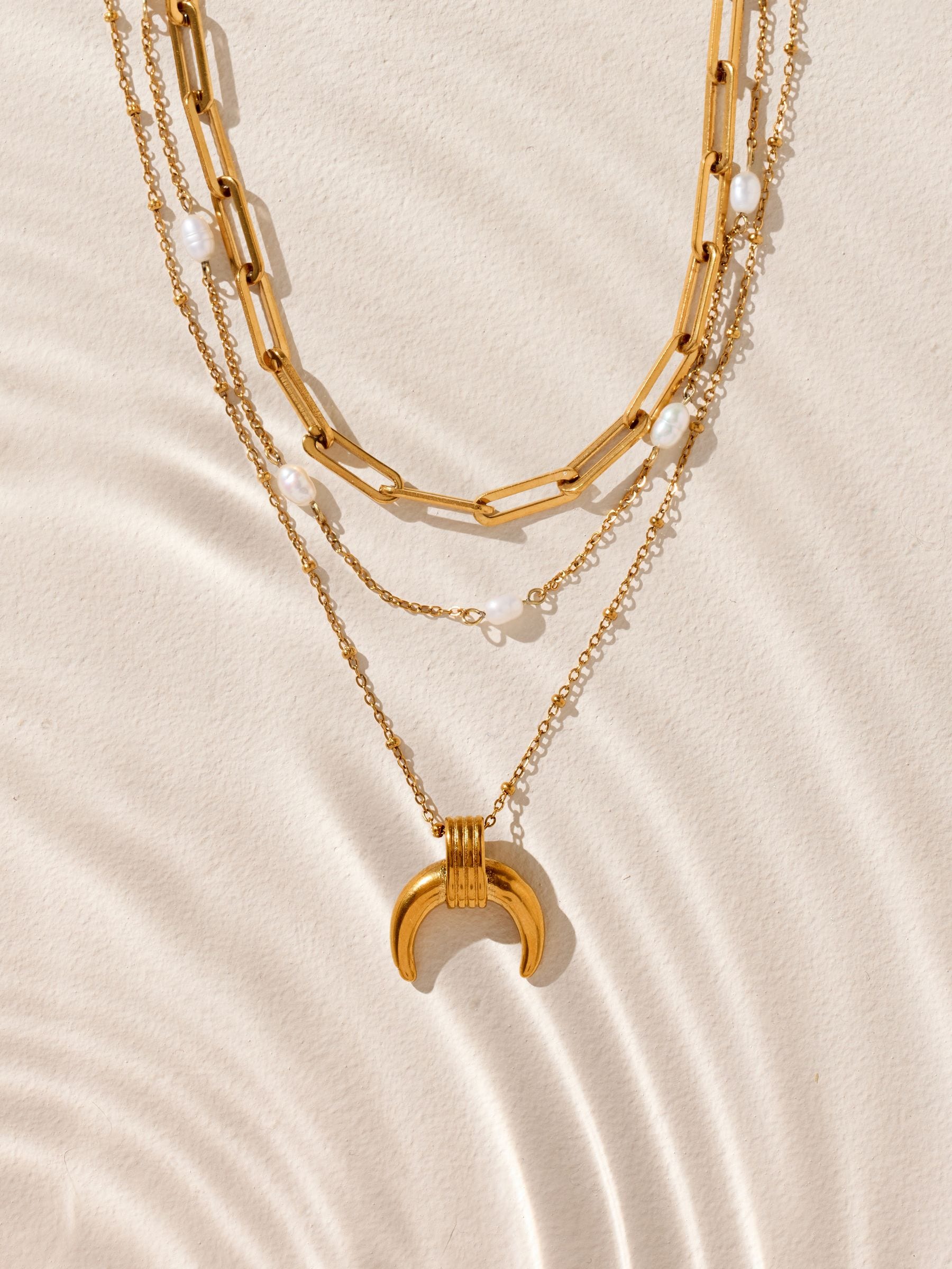 Gold tone stainless steel three-layer pendant necklace with real pearl (British brand)