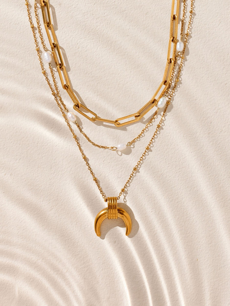 Gold tone stainless steel three-layer pendant necklace with real pearl (British brand)