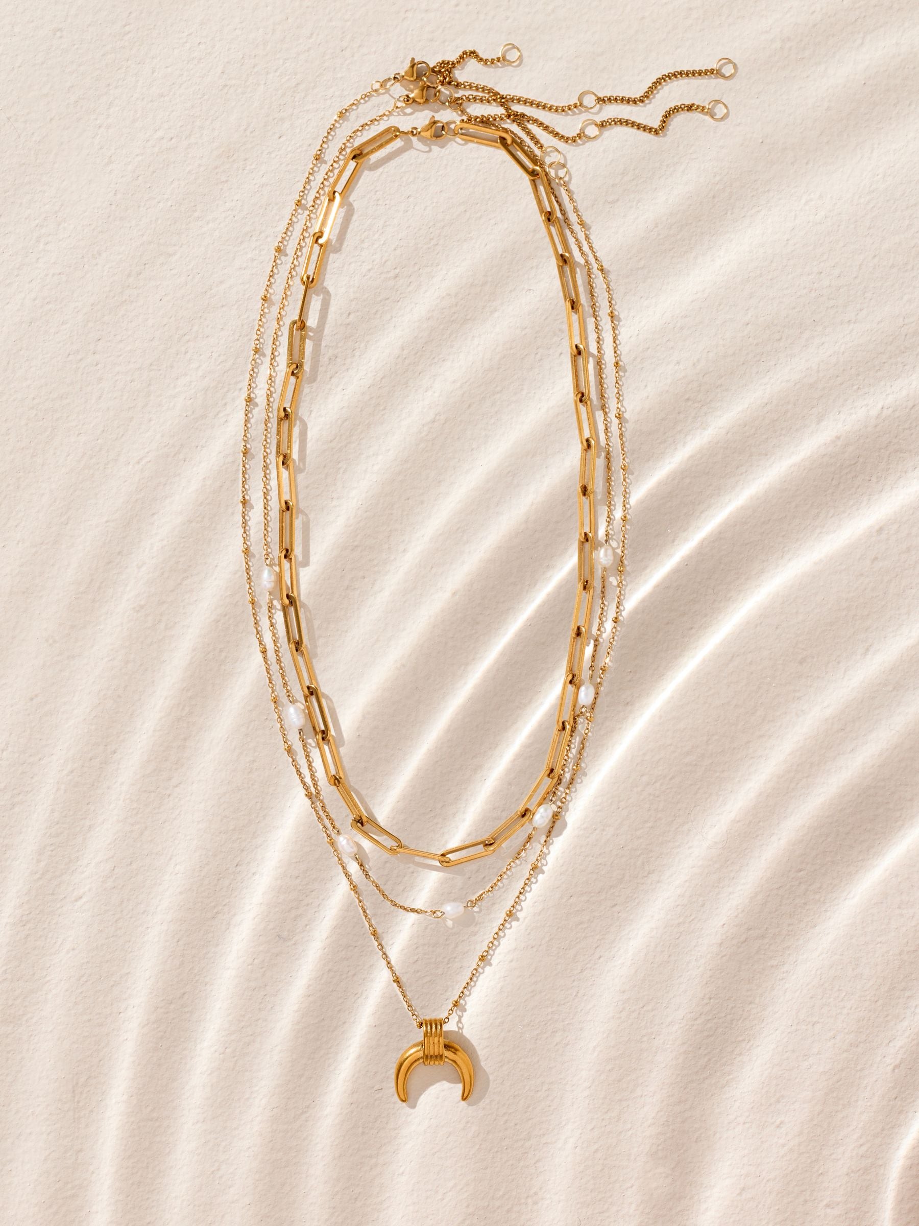 Gold tone stainless steel three-layer pendant necklace with real pearl (British brand)