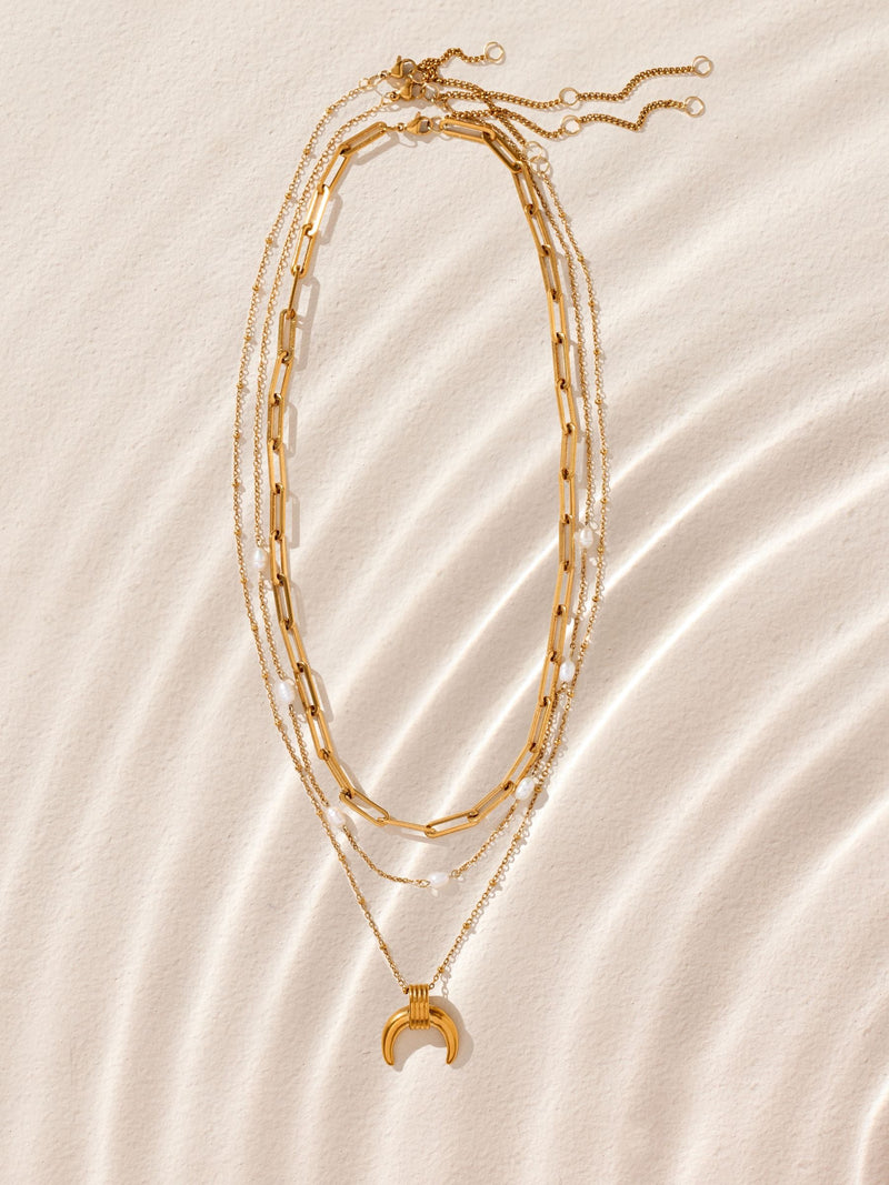 Gold tone stainless steel three-layer pendant necklace with real pearl (British brand)