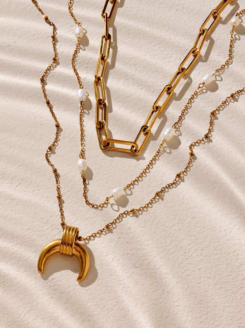 Gold tone stainless steel three-layer pendant necklace with real pearl (British brand)