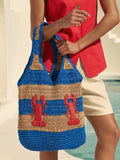 Love & Roses Cobalt Blue Lobster Embroidered Raffia Tote Bag