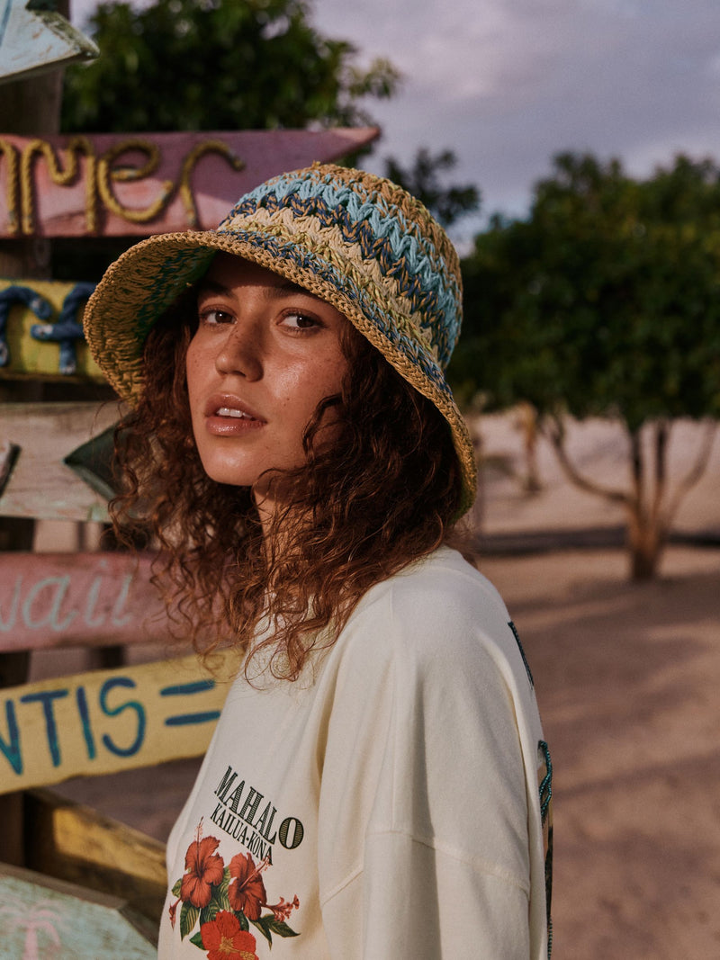Woven bucket hat in bright blue stripe, UK version