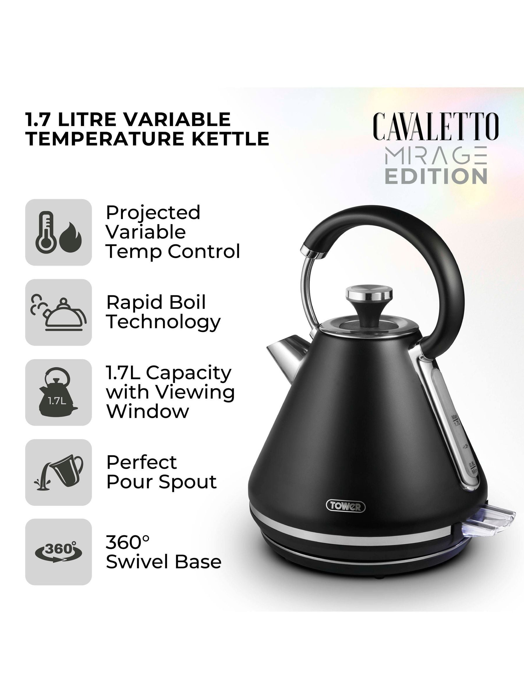 Tower black 1.7L Mirage kettle, imported from the UK