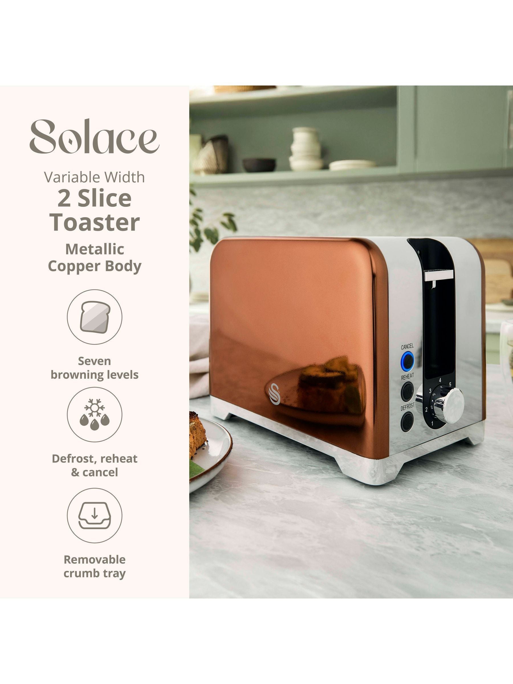 Swan Copper Solace toaster 2 slice, imported from the UK