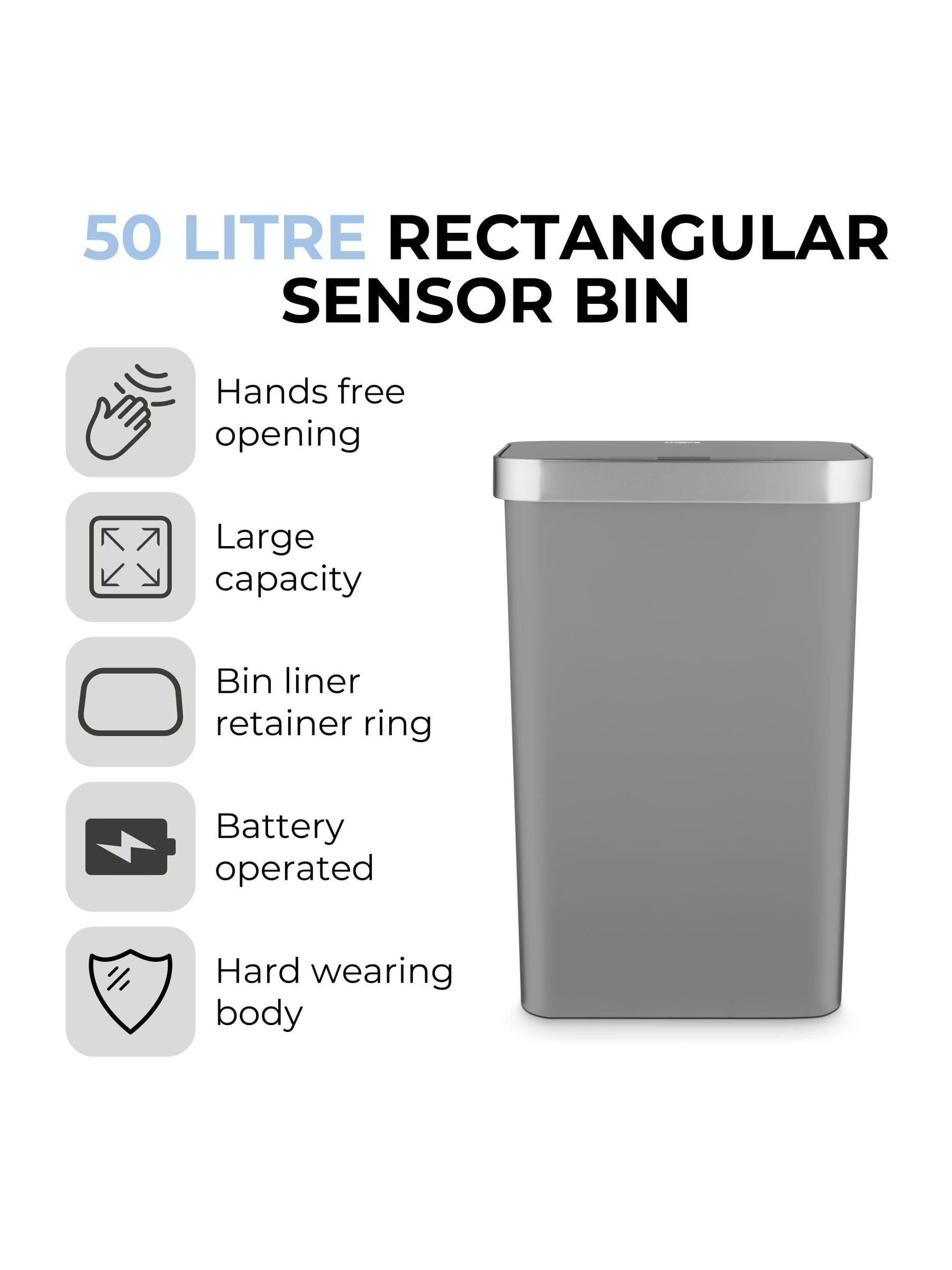 Tower Black Rectangular Sensor Bin 50L - British product