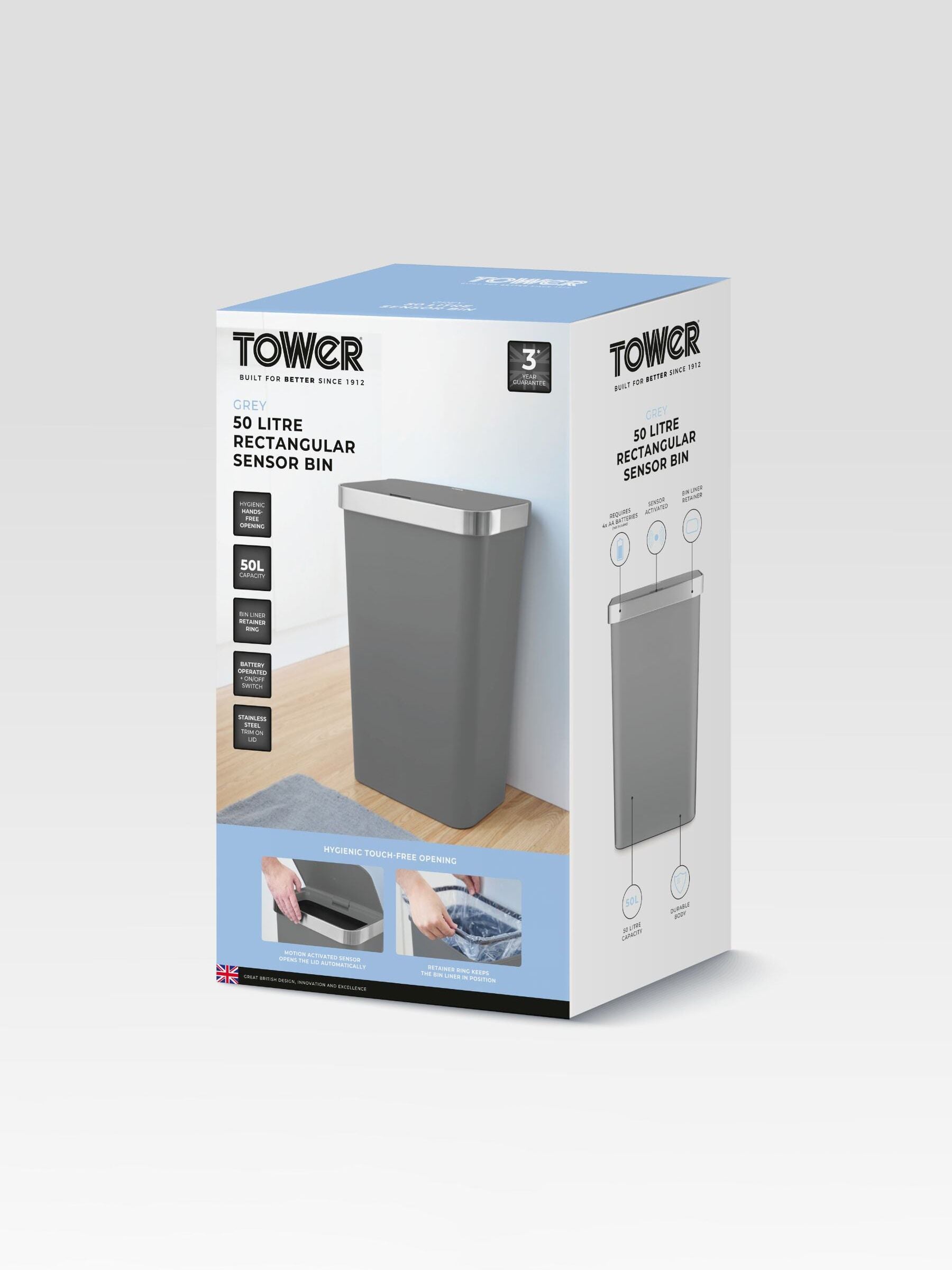 Tower Black Rectangular Sensor Bin 50L - British product