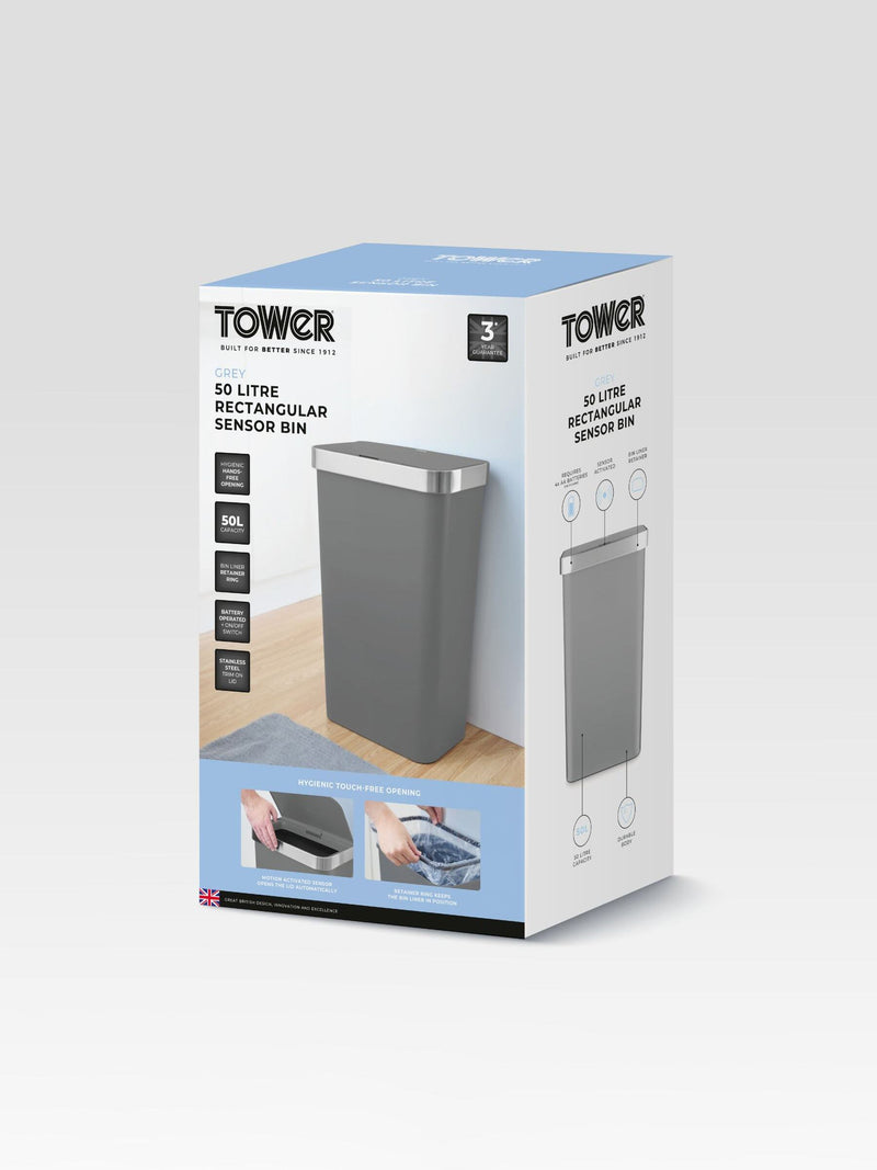 Tower Black Rectangular Sensor Bin 50L - British product