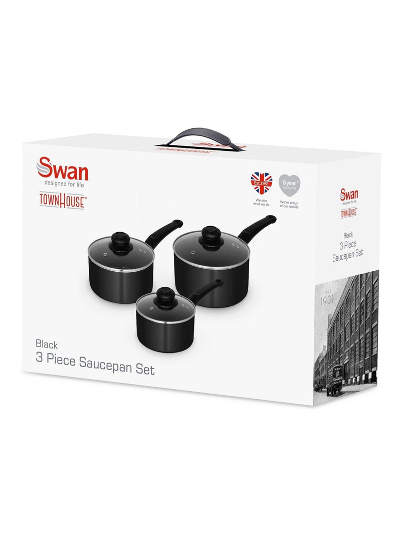 Swan Black Townhouse 3 Piece Saucepan Set