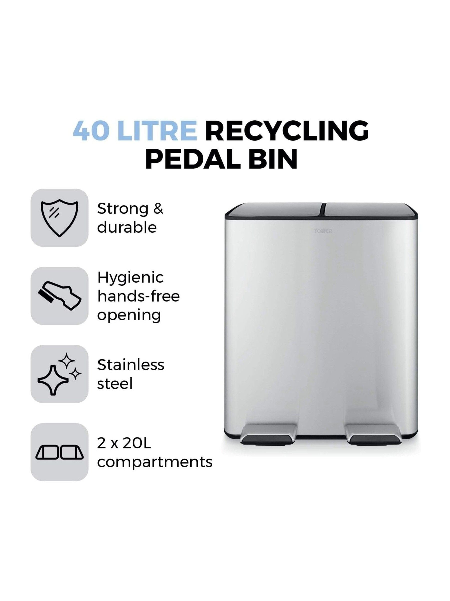 Tower Stainless Steel 40L Pedal Bin 2 x 20L