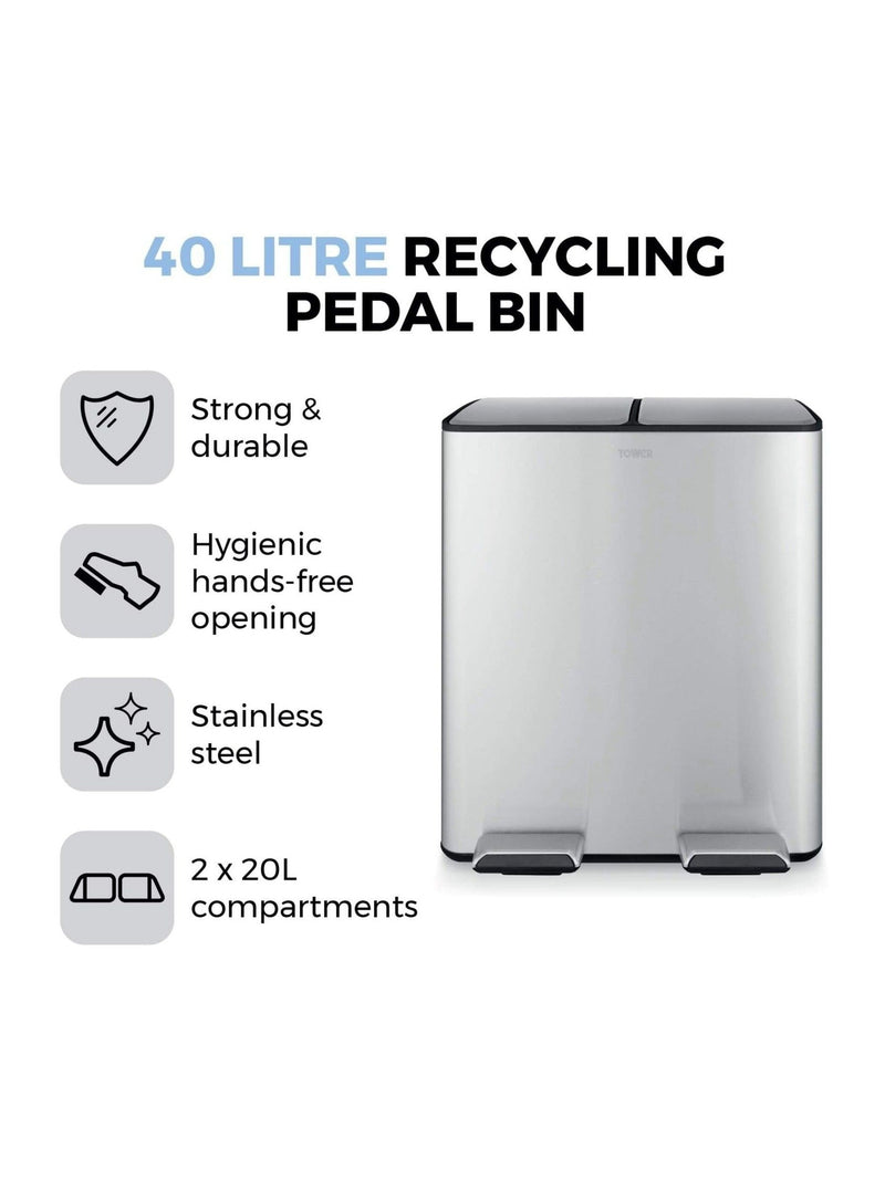 Tower Stainless Steel 40L Pedal Bin 2 x 20L