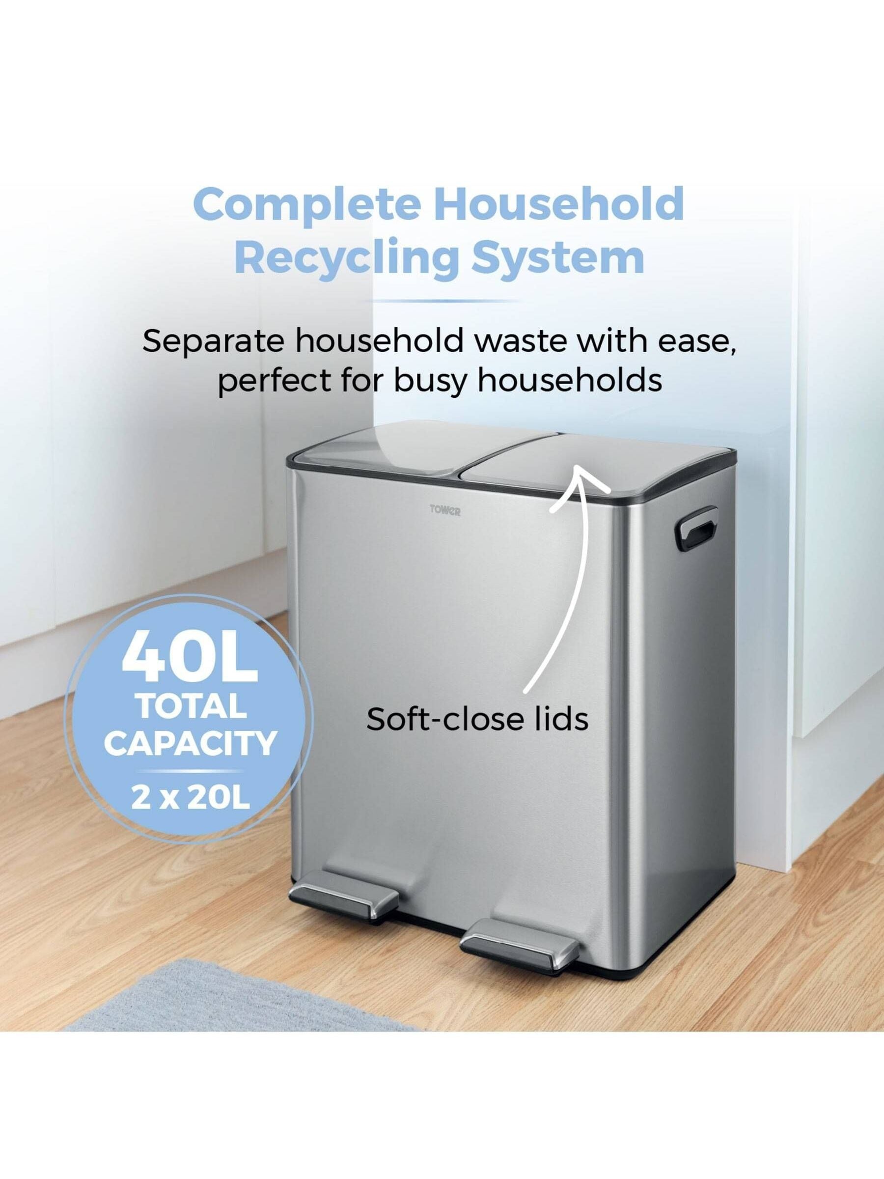 Tower Stainless Steel 40L Pedal Bin 2 x 20L