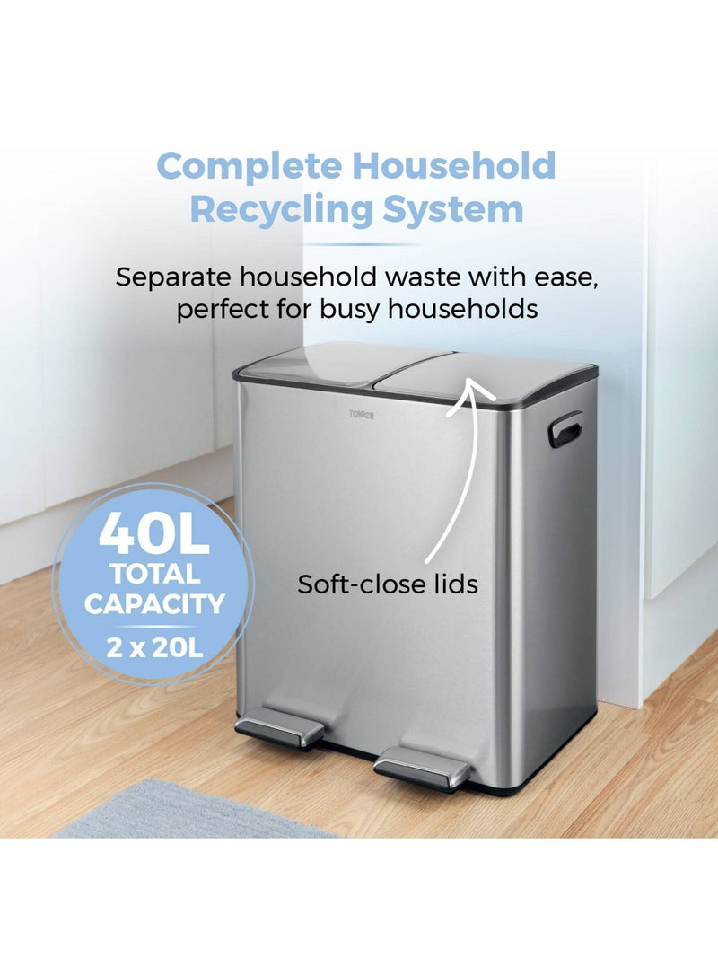 Tower Stainless Steel 40L Pedal Bin 2 x 20L
