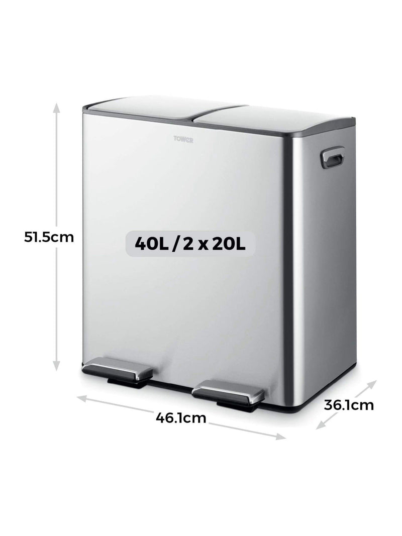 Tower Stainless Steel 40L Pedal Bin 2 x 20L