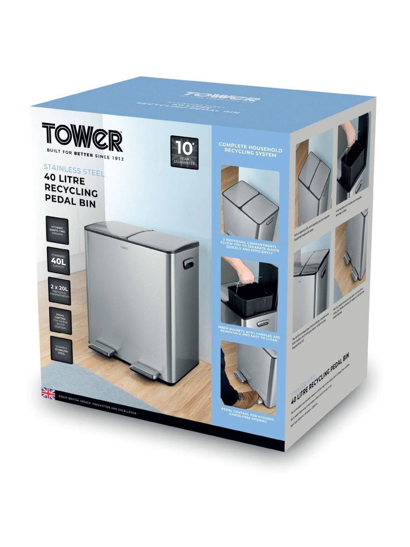 Tower Stainless Steel 40L Pedal Bin 2 x 20L