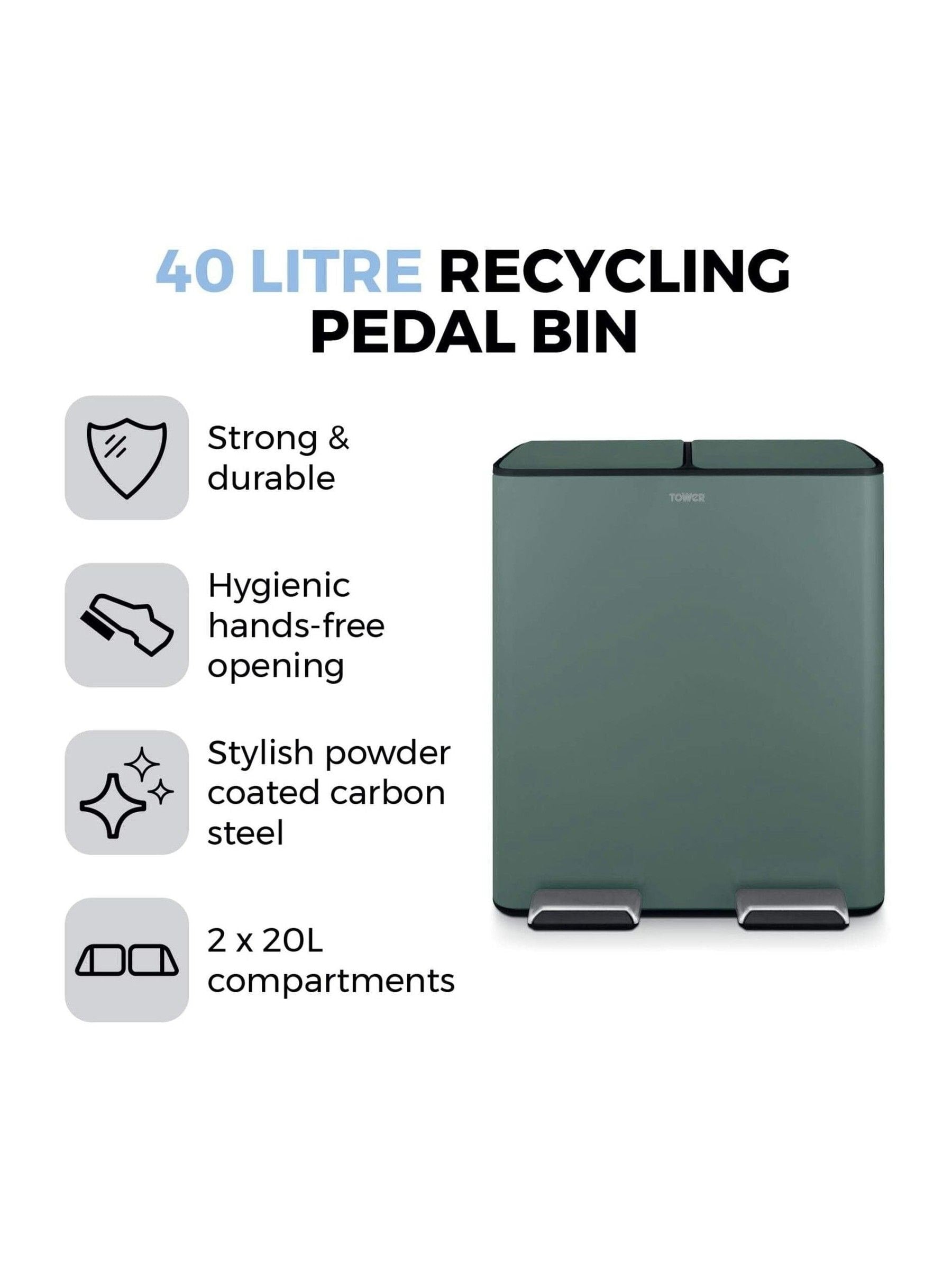 Tower Forest Green 40L Pedal Bin 2 x 20L