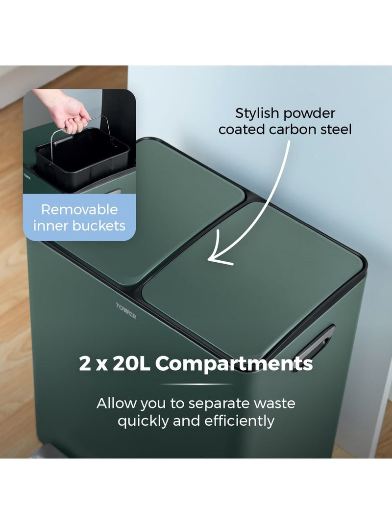 Tower Forest Green 40L Pedal Bin 2 x 20L