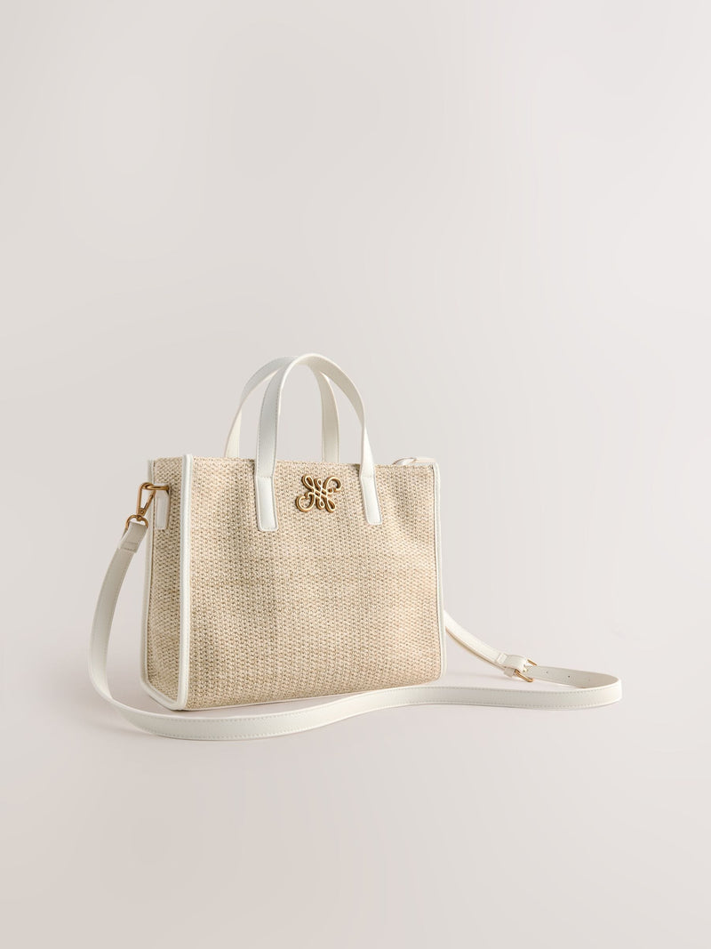 Raffia effect shoulder bag with recycled polyester lining (British brand)
